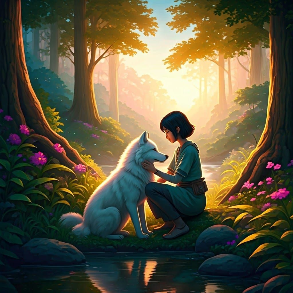 Wolf and Woman in Forest, Fantasy Concept Art