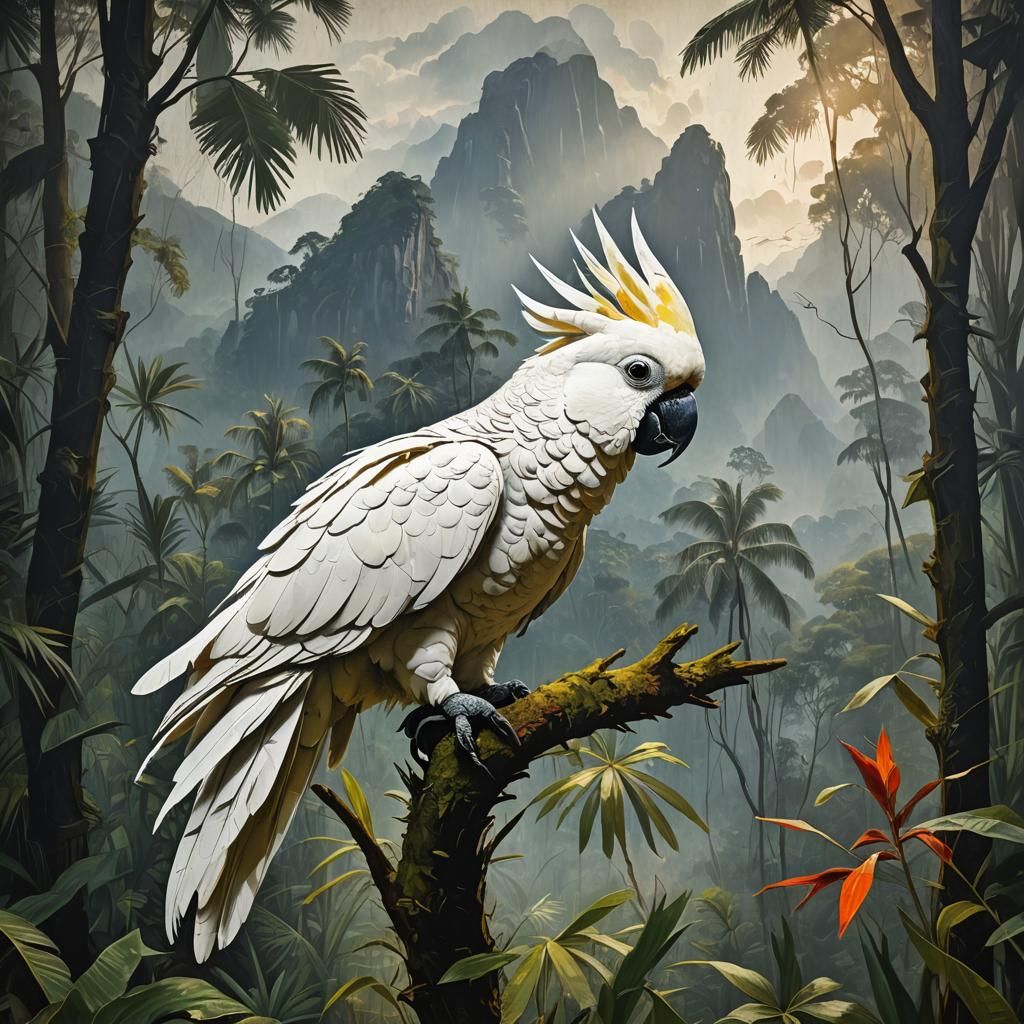 Cockatoo Jungle Silhouette in Expressionist Impasto