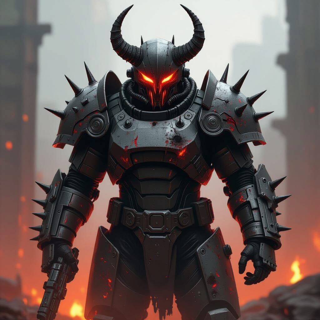 Demonic Power Armor in Post-Apocalyptic Concept Art Style