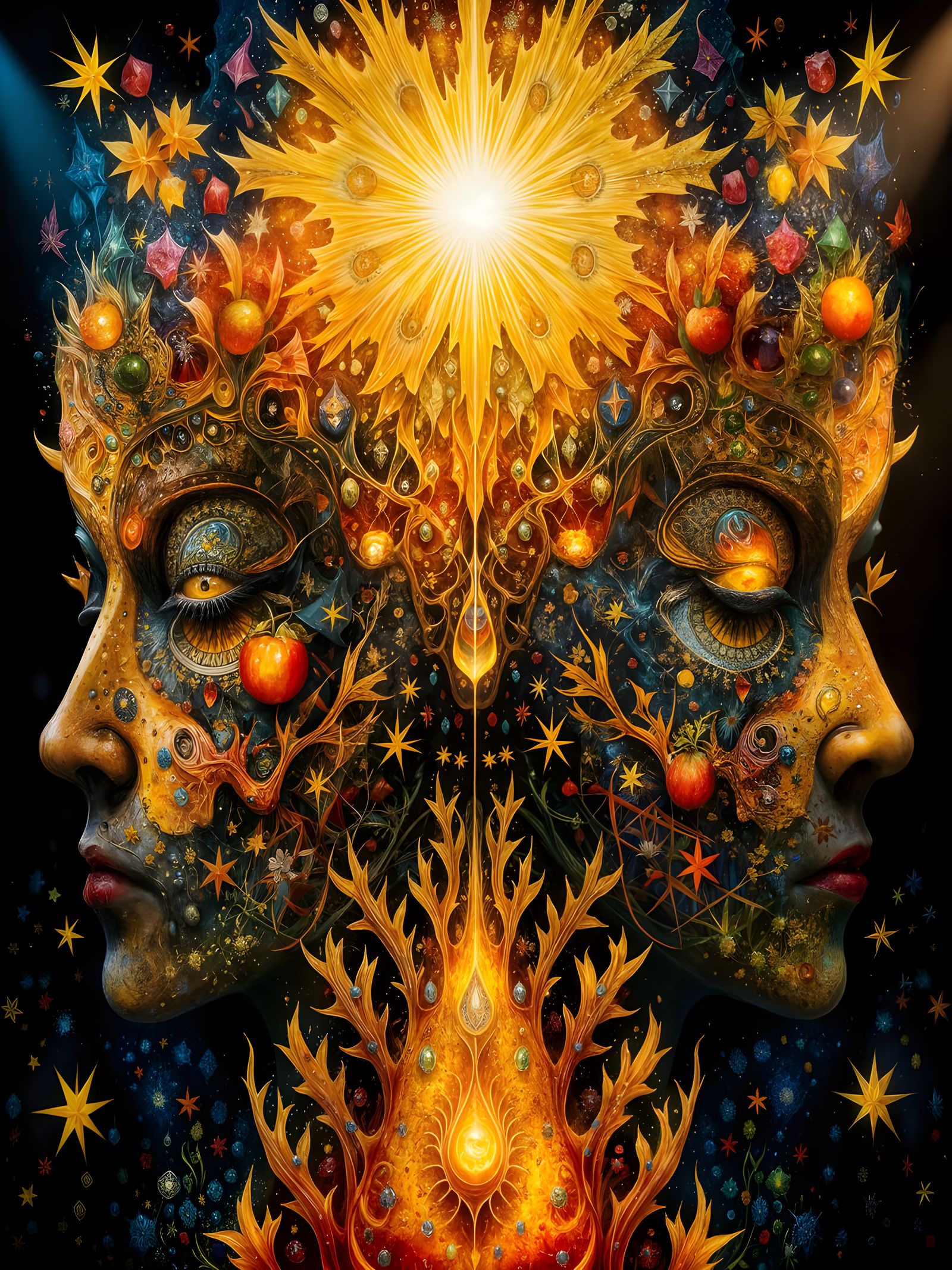 Symmetrical Tree Illustration with Geometric Patterns and Gl...