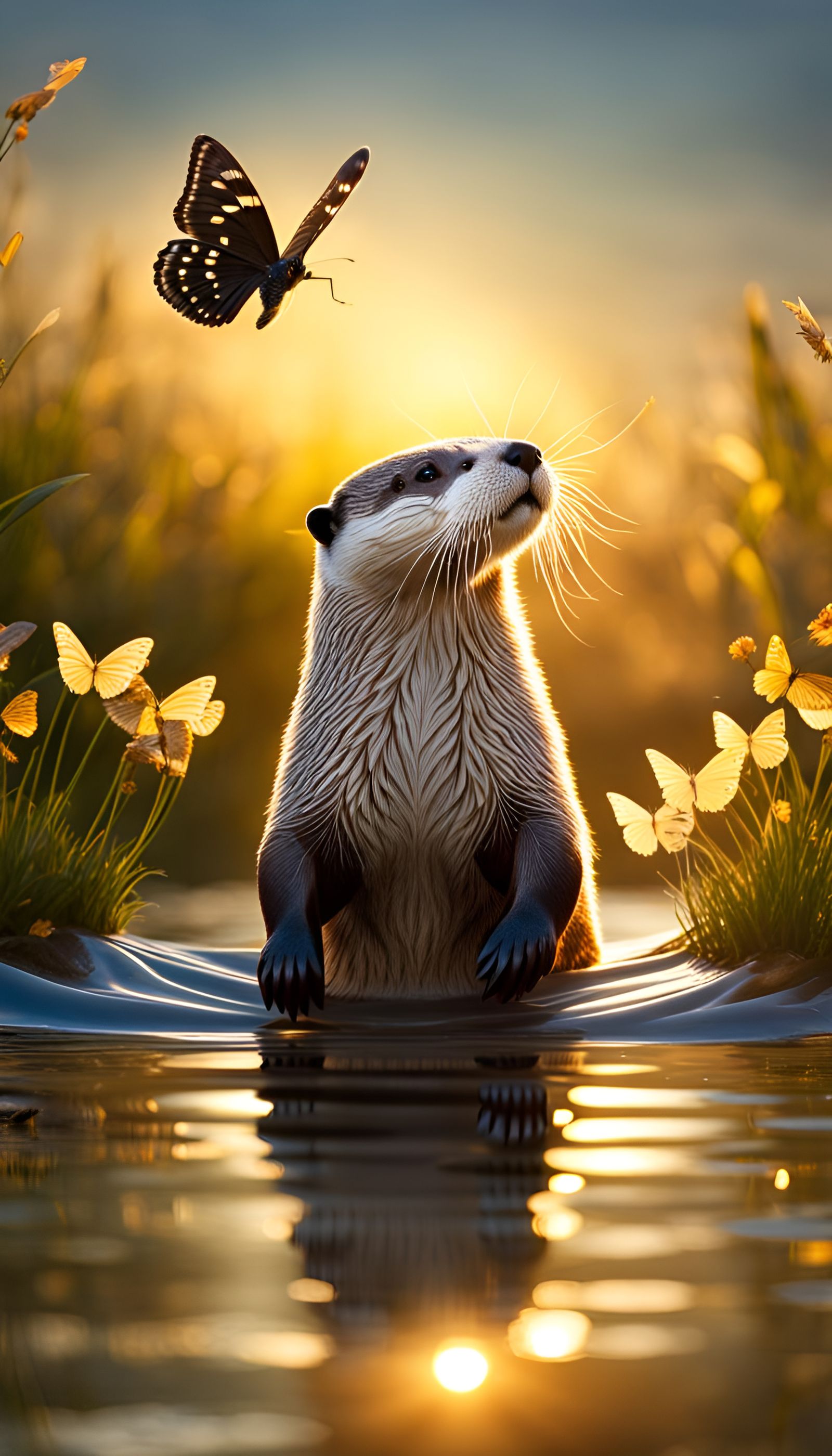 Grateful Otter with Butterflies in Golden Hour