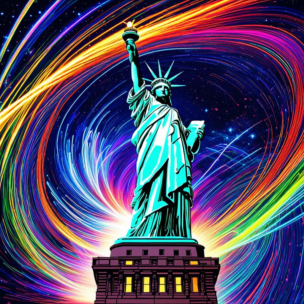Statue of Liberty Artwork in Vibrant Lasers and Cosmic Light