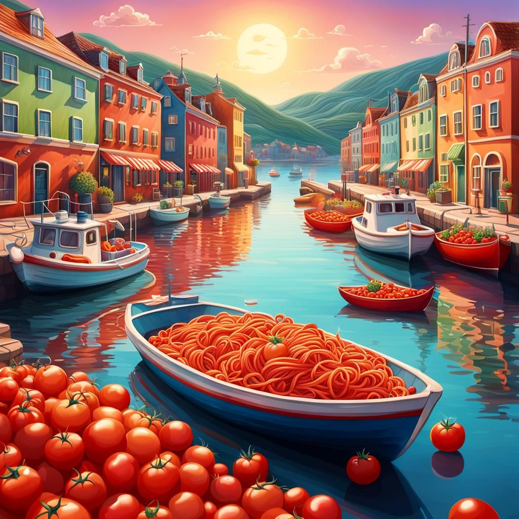 Tomato Pasta Boat in Candyland Art Style