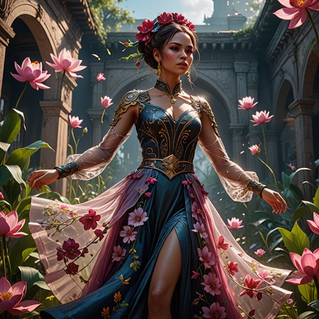 Rebellious Woman Dancing in Flowers: Luminism Painting