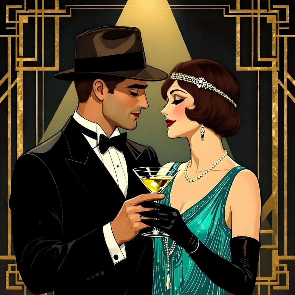 Art Deco Couple Enjoying Martinis Romantic Scene
