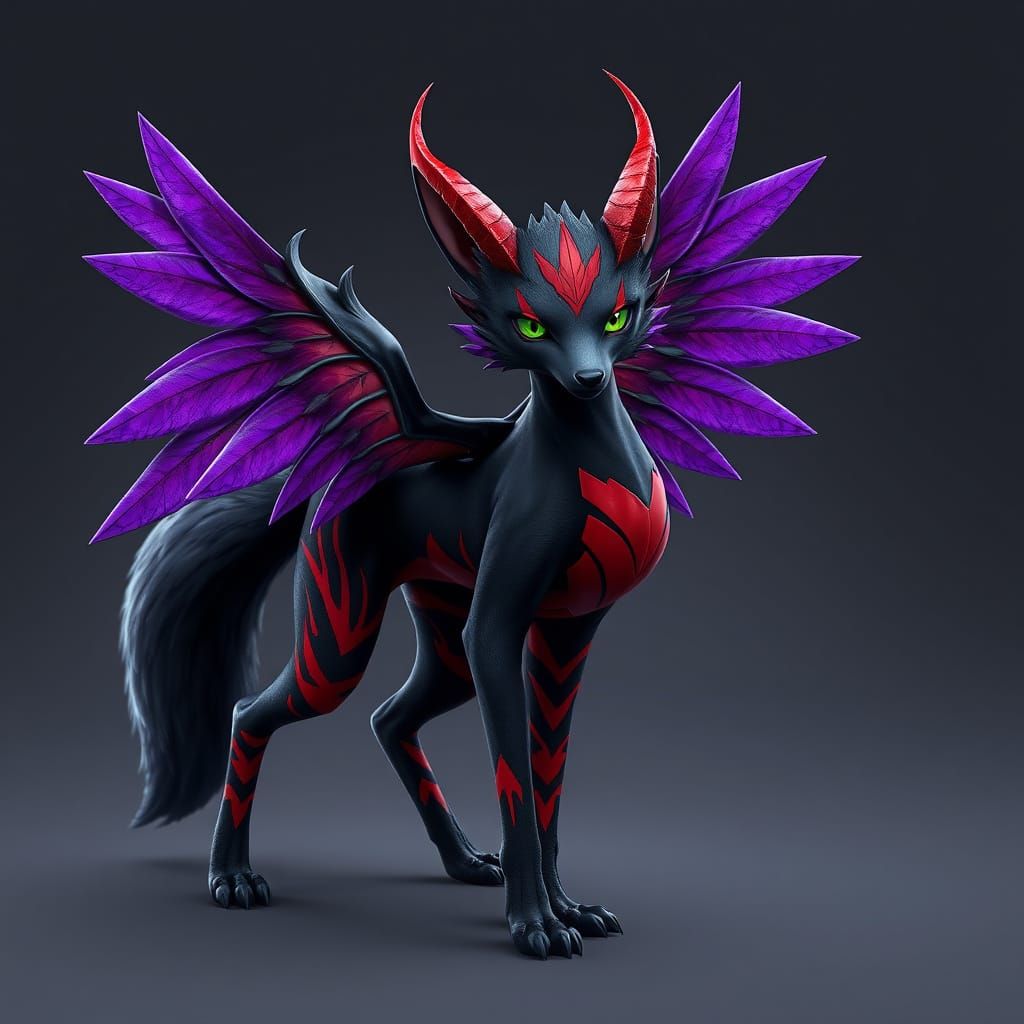 Mystical Black Fox with Vibrant Wings and Crimson Horns