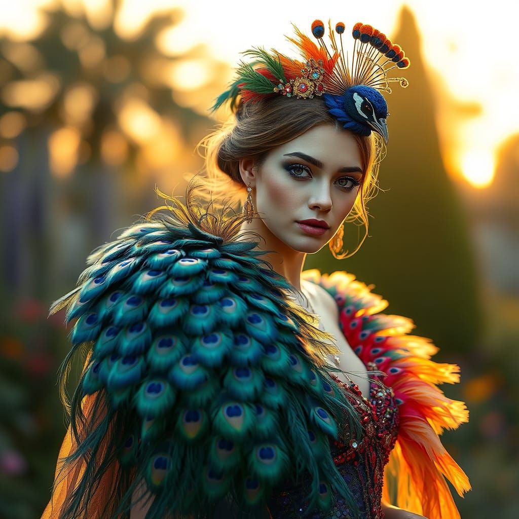 Peacock Gown: Alphonse Mucha-Inspired Digital Painting