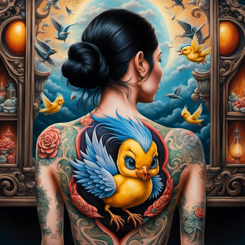 A hyper-realistic oil painting depicting a detailed tattoo d...