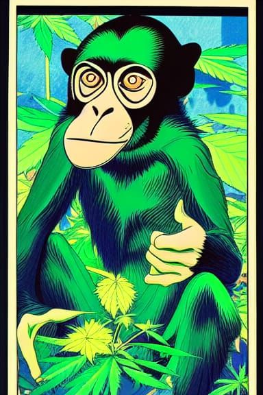 Monkey in Cannabis: Retro Psychedelic Sci-Fi Portrait