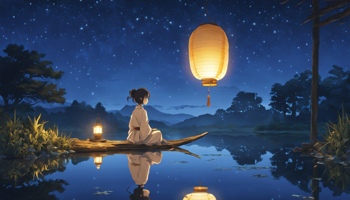 Anime Character Finds Inner Peace by Reflective Pond
