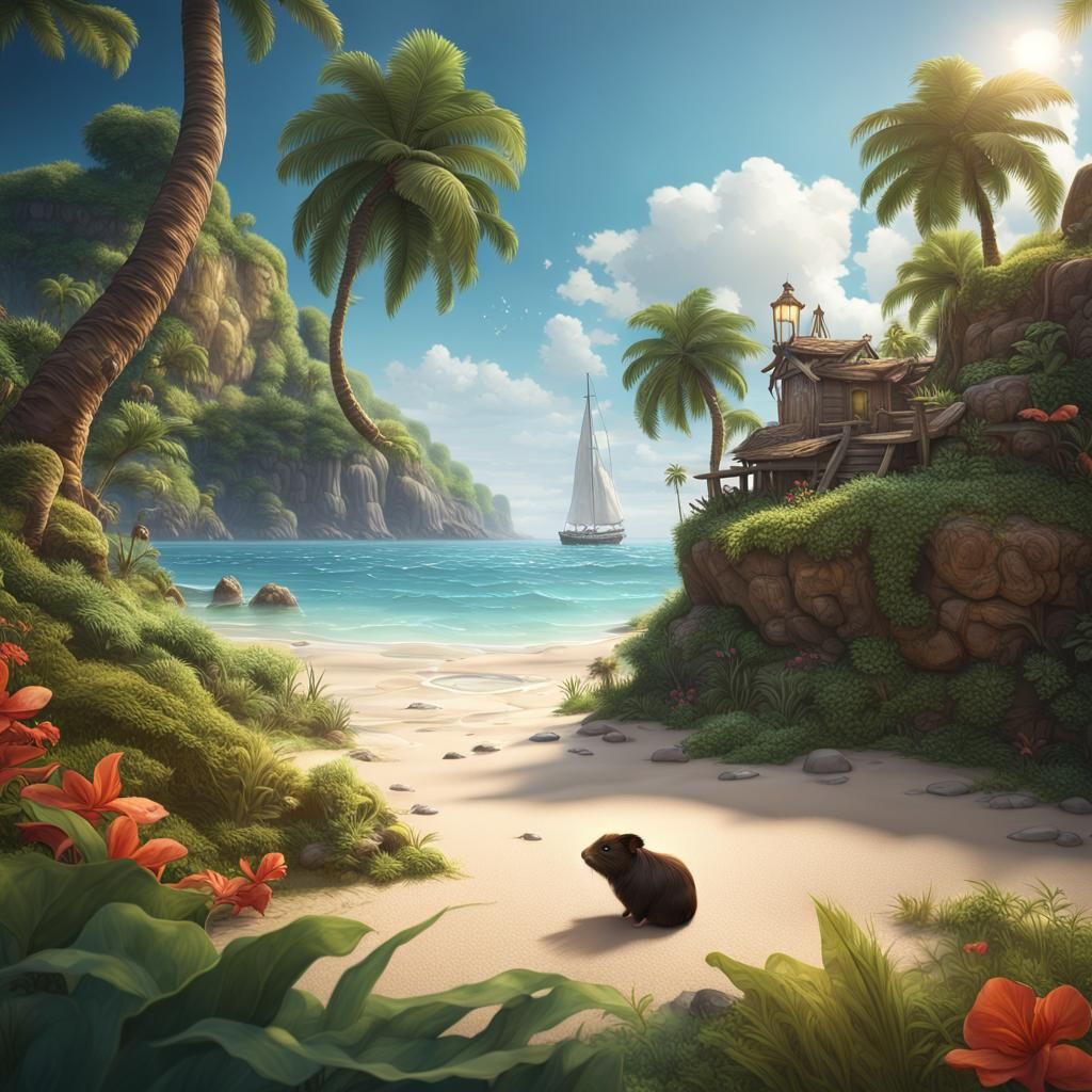 Guinea Pig on Tropical Beach: Detailed Matte Painting