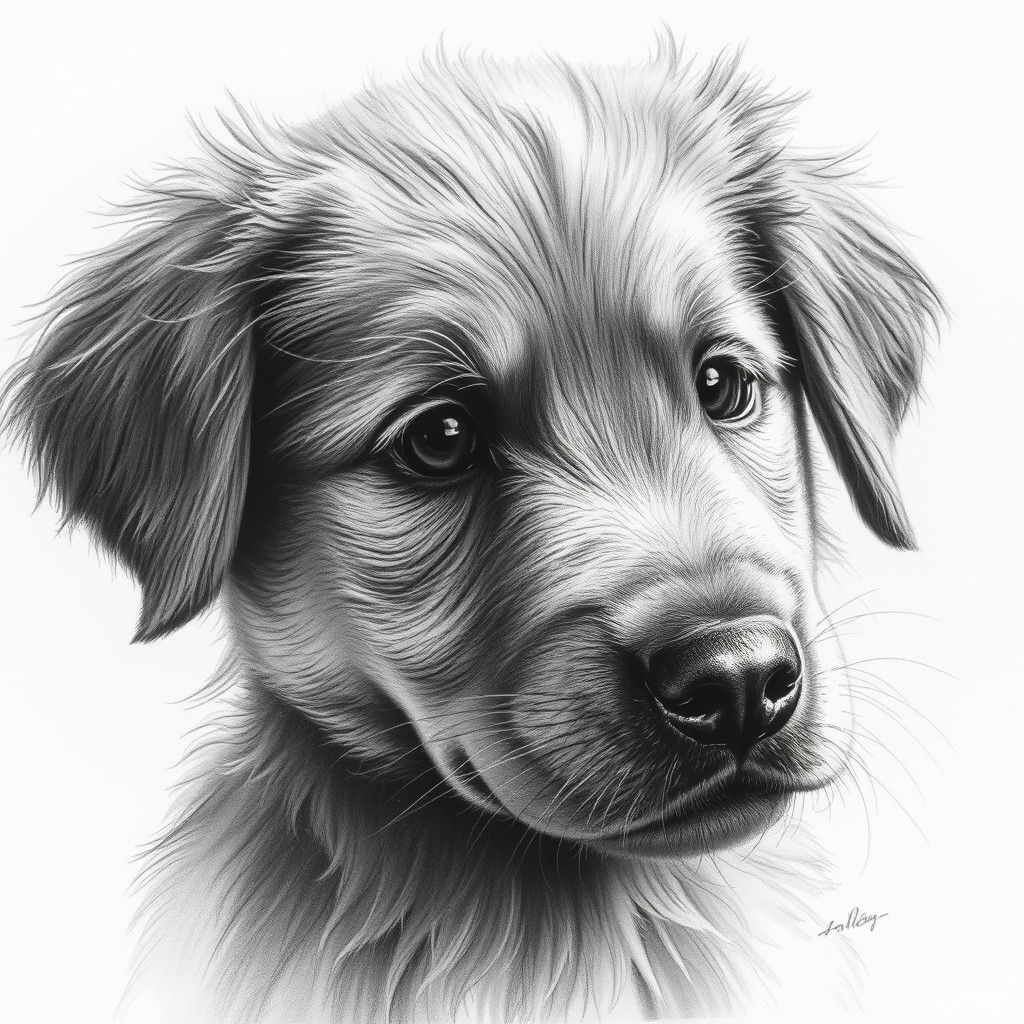 Hyperrealistic Charcoal Drawing of Golden Retriever Puppy
