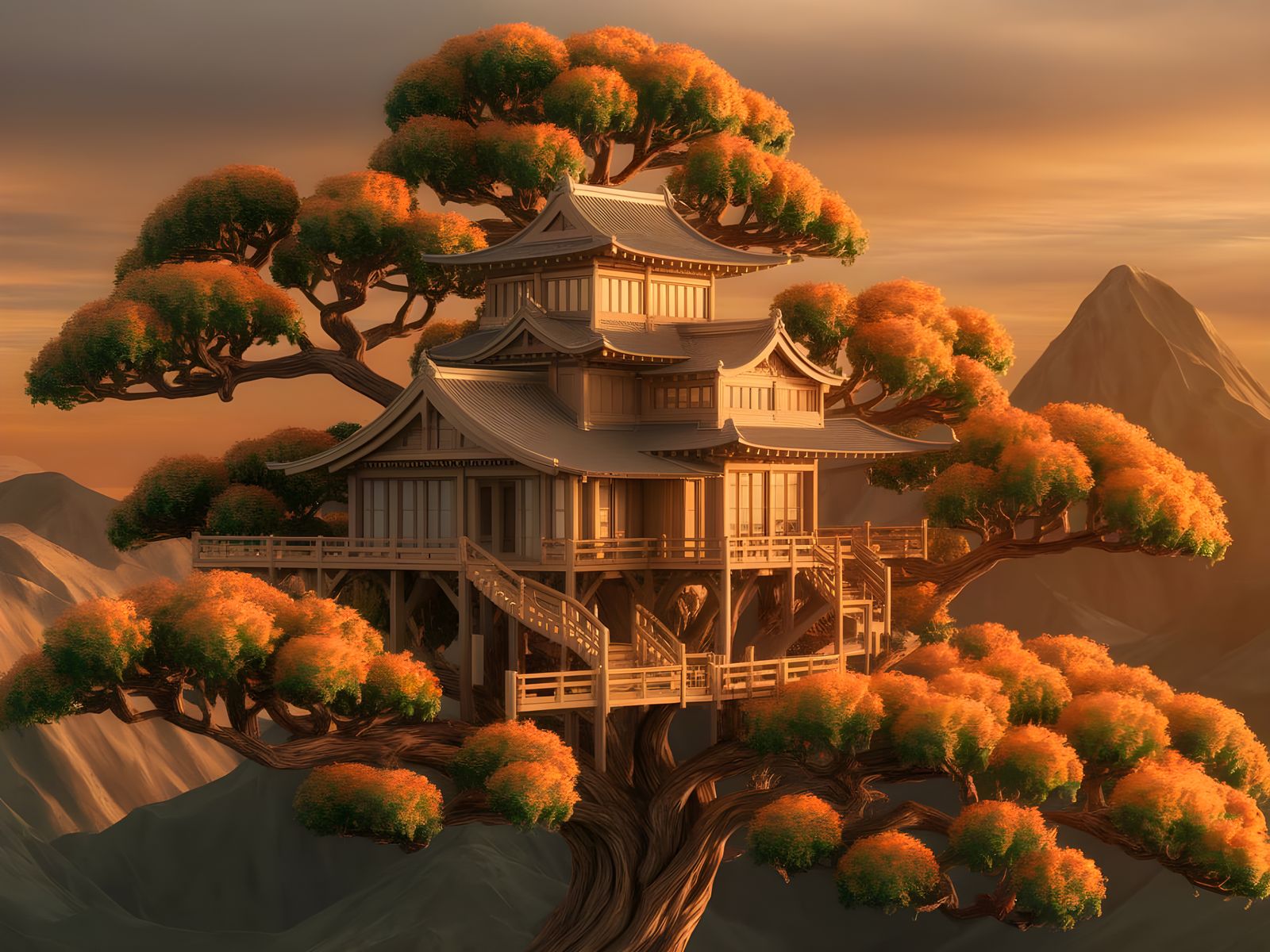 Treehouse Amidst Ancient Japanese Tree in Sunset Mountainsca...