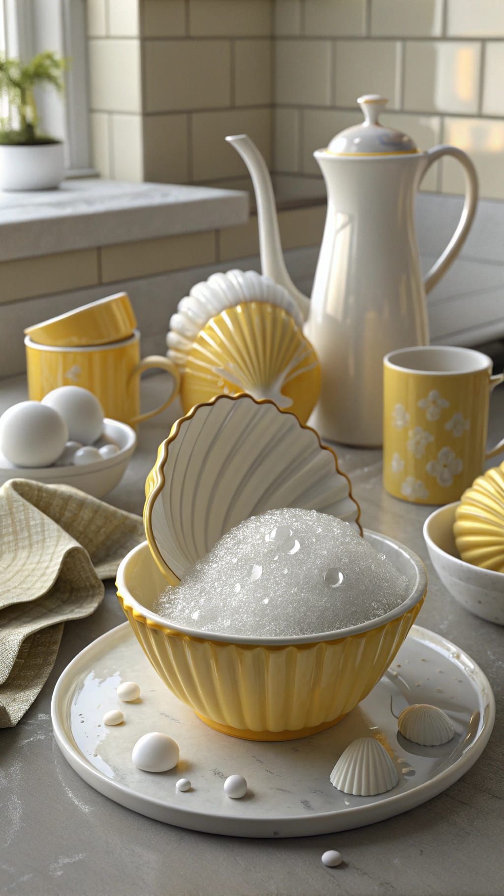 Delicate Porcelain Shell in a Still Life of White and Yellow...