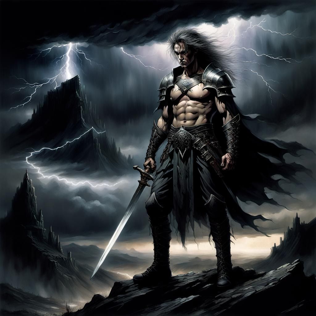 Sword-Wielding Warrior Dominates Dark Fantasy Landscape