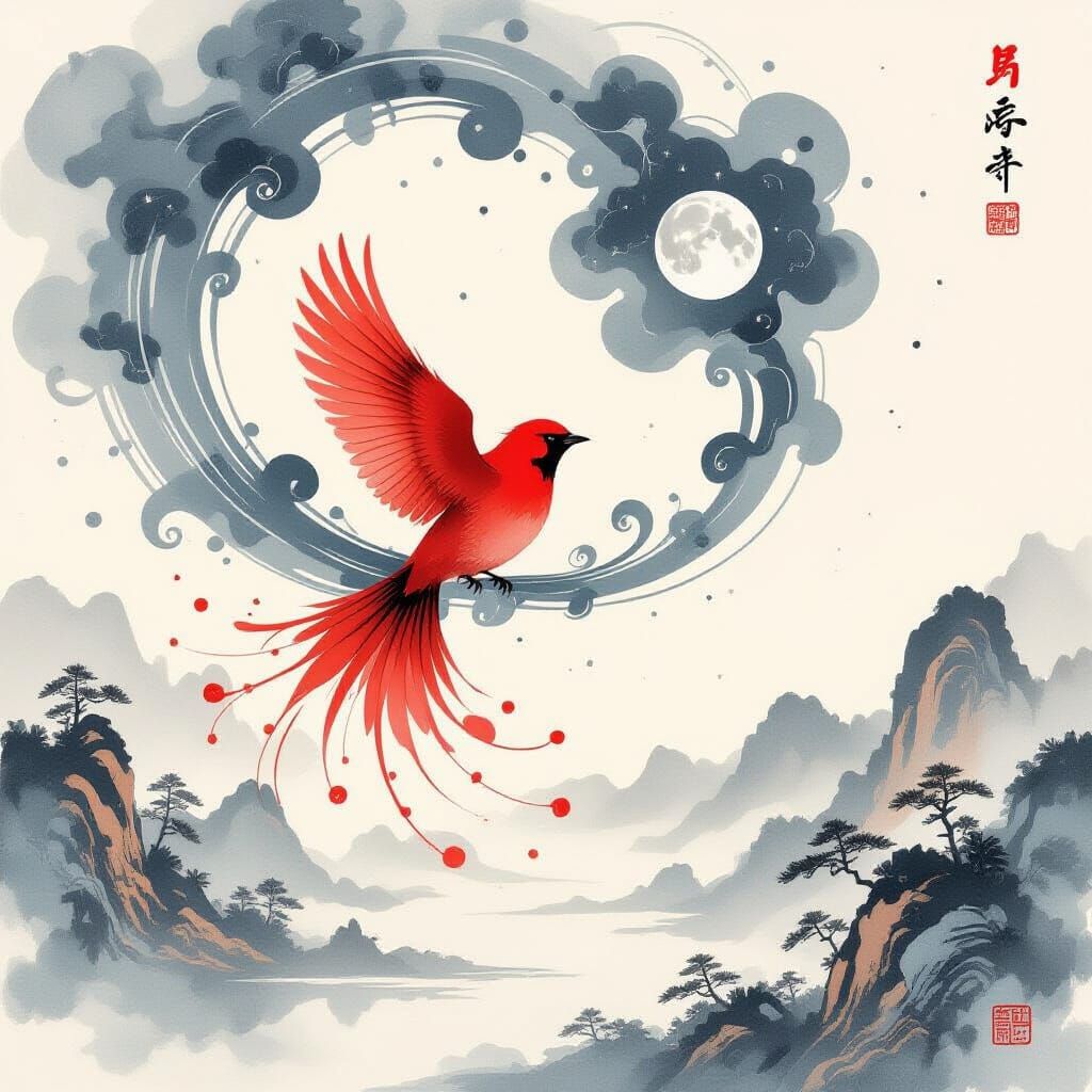Red Bird Dissolving into Celestial Ink Patterns