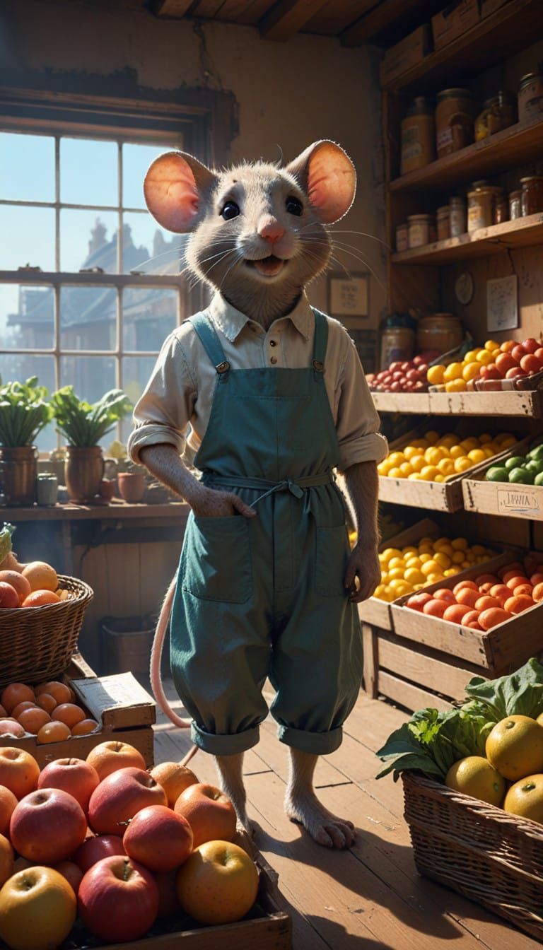 Charming Mouse Greengrocer in 1950s Hyperrealistic Style