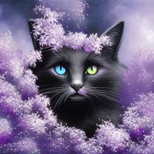 Black cat with purple eyes& amethyst clusters everywhere& shimmery lavender background with cobalt blue accents& etherea...
