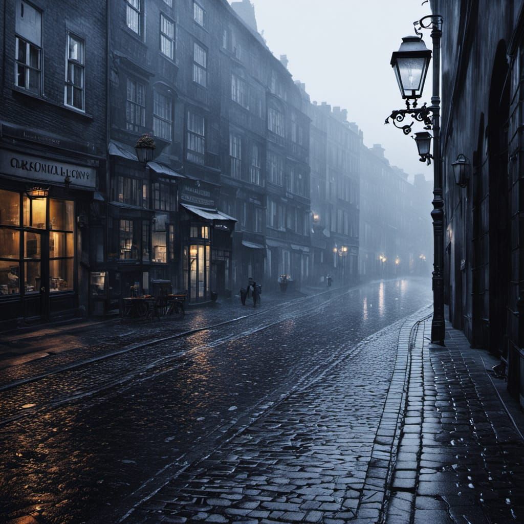 Rainy Cobblestone Street at Night with Twinkling Lights