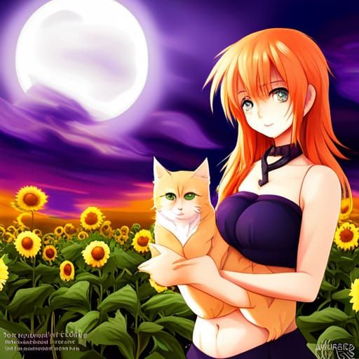 Anime Woman with Cat in Sunflower Field