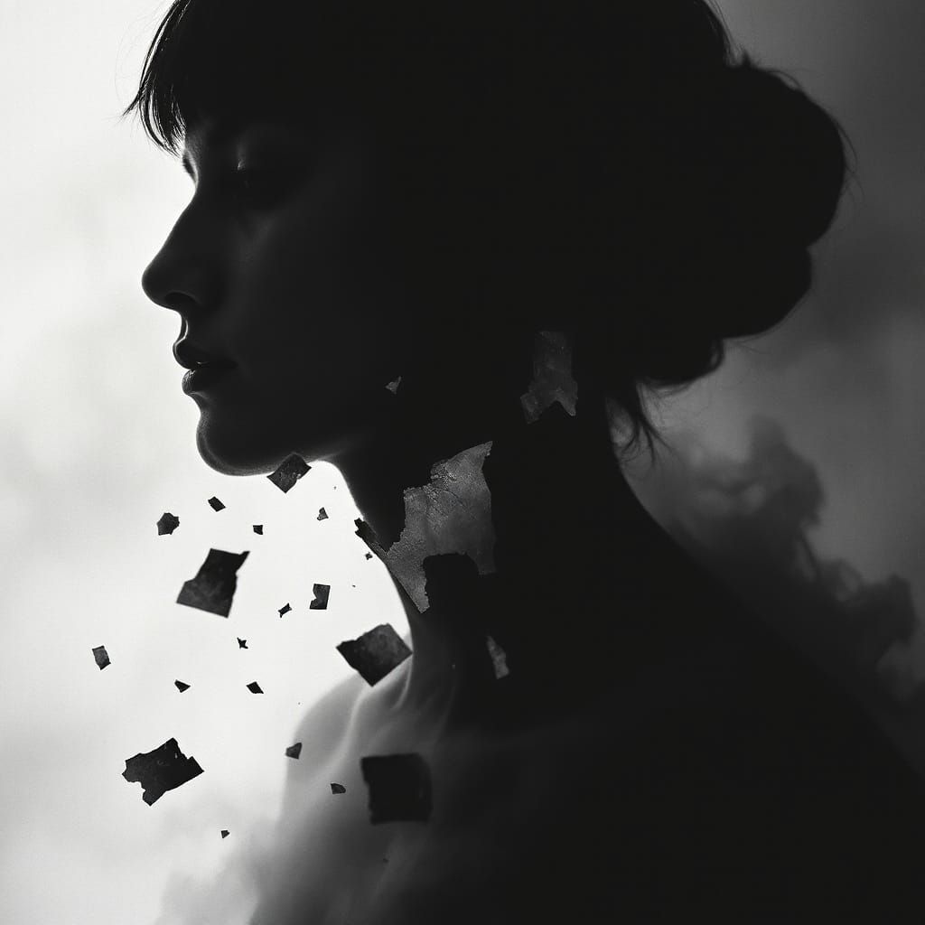 Human Silhouette of Torn Photos Fading into Darkness