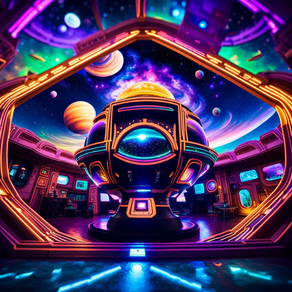 Cosmic Neon Spaceship in Galaxy, 8K