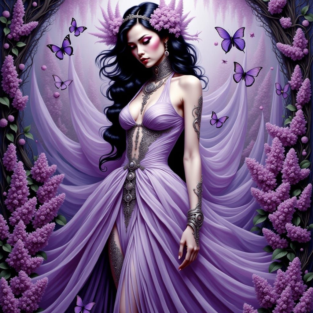 Ethereal Lilac Garden Geisha in Vibrant Opulent Attire