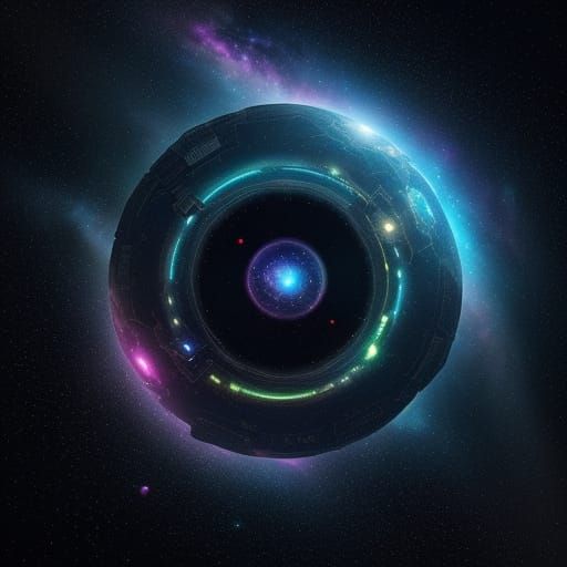 Vibrant Cosmic Space Station in Iridescent Hues