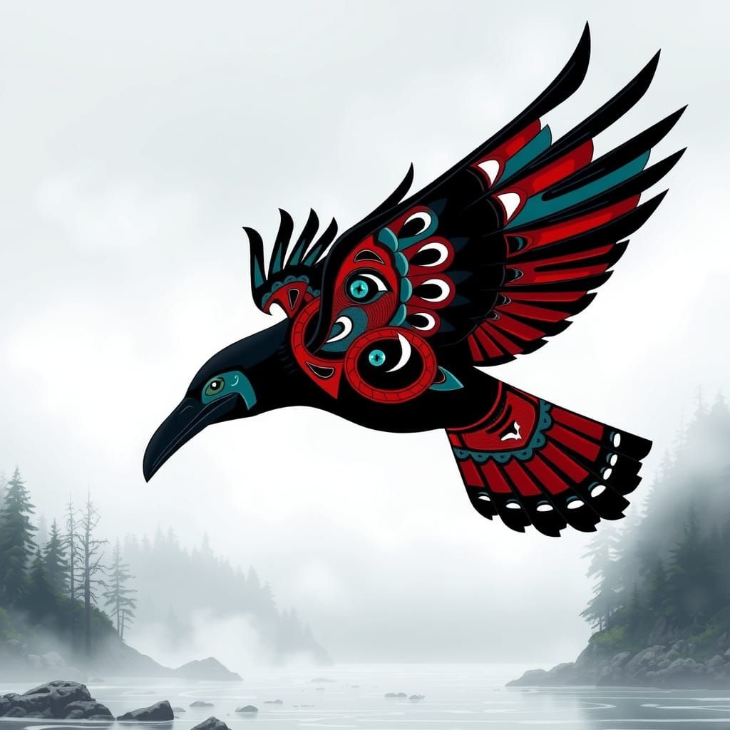 Pacific Northwest Raven Soaring Over Misty Shore
