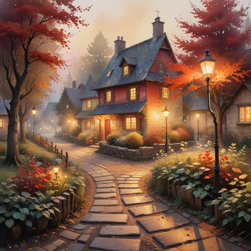 Watercolor Village with Golden Light and Evening Mist