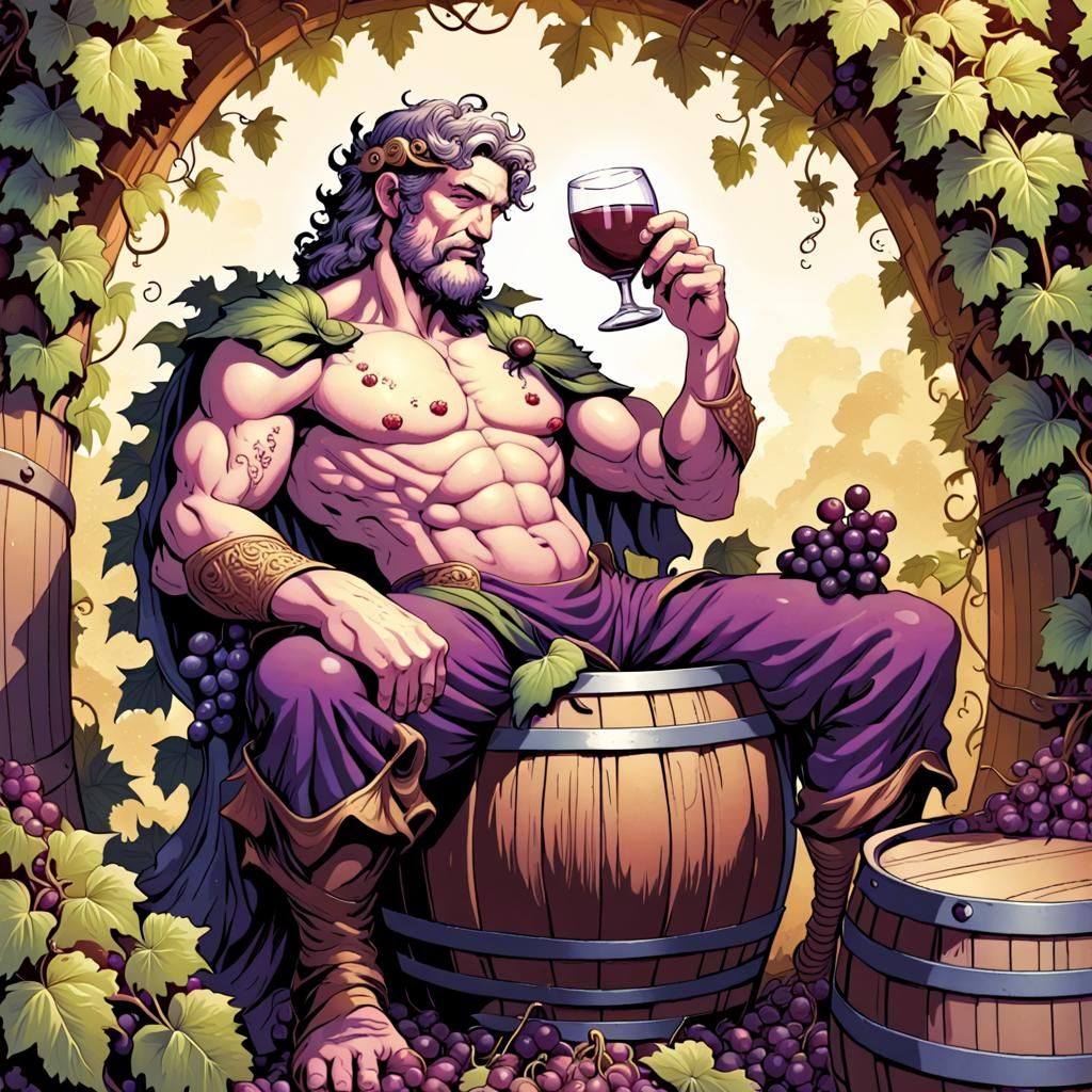 Dionysus Surrounded by Grapes, in Comic Book Style