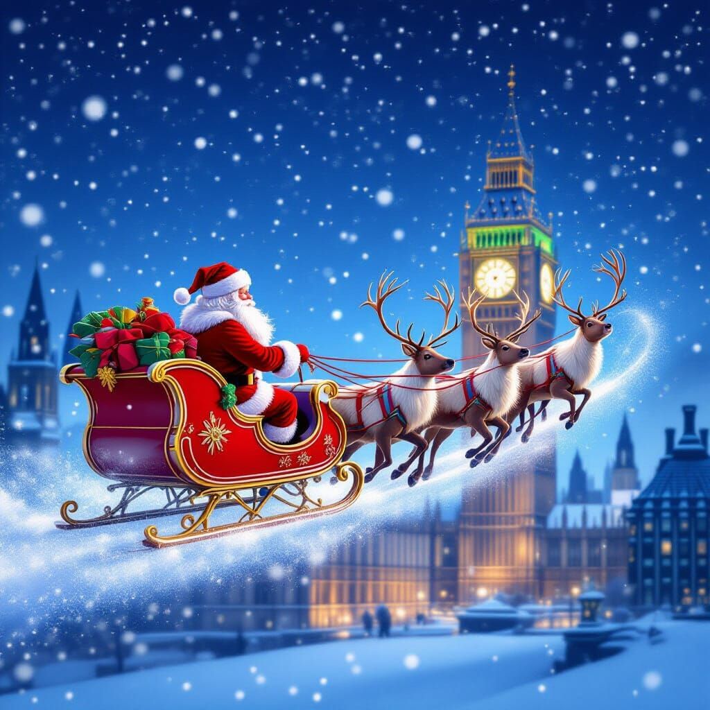 Santa's Sleigh Flies Over Big Ben Under Starry Night