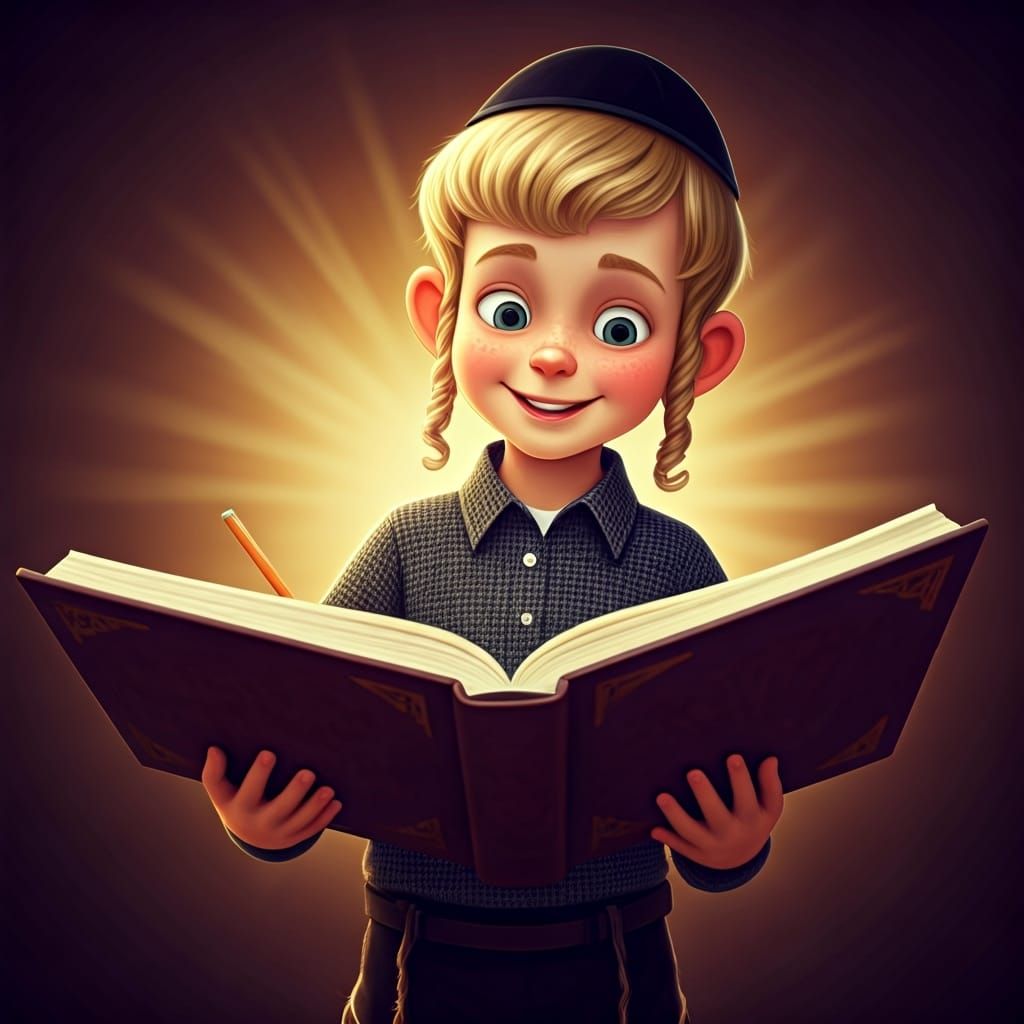 Smiling Hasidic Boy Studying in 3D Digital Art