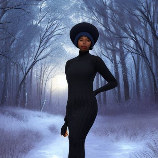 Elegant Black Princess in Snowy Moonlight