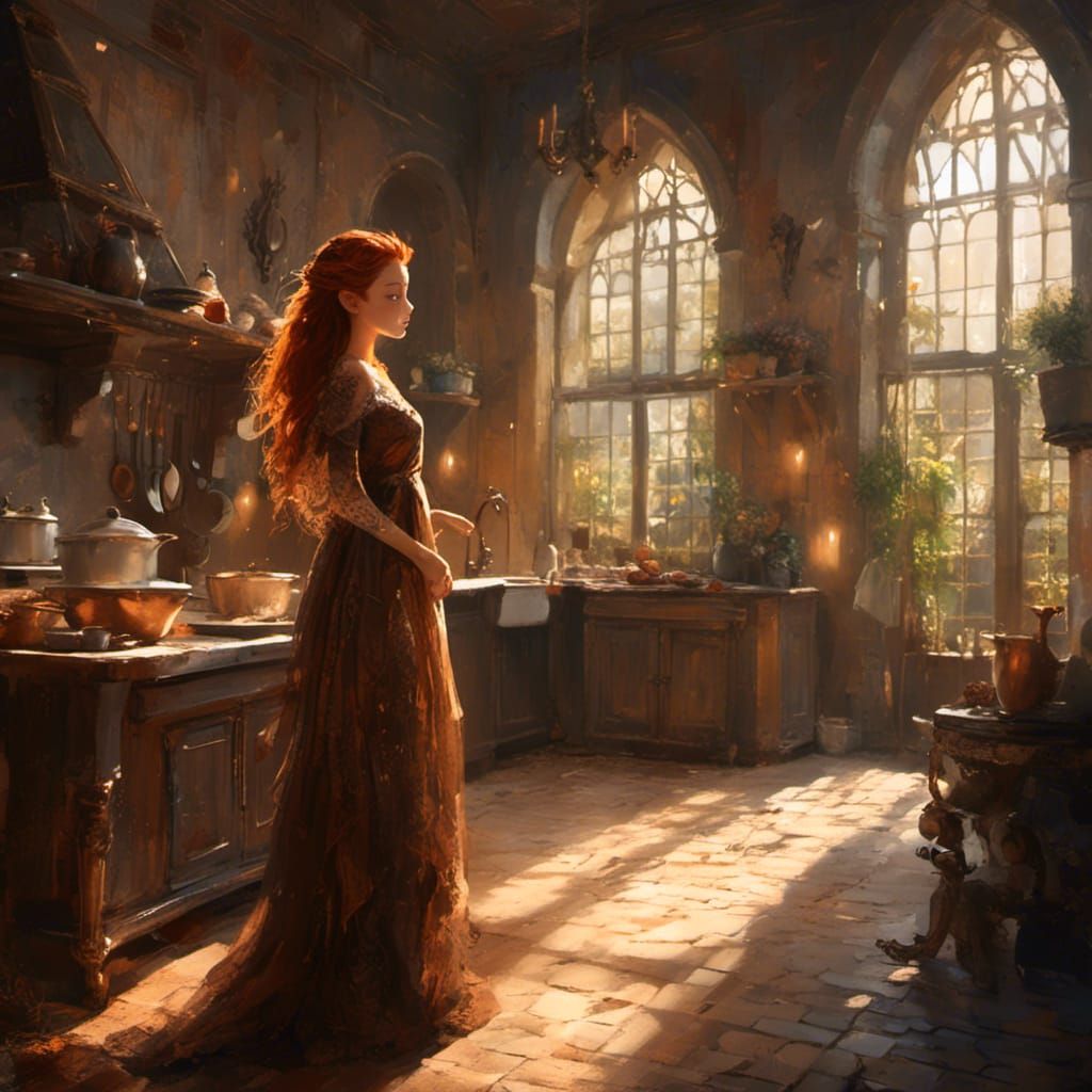 Anime Half-Elf Woman in Palace Kitchen