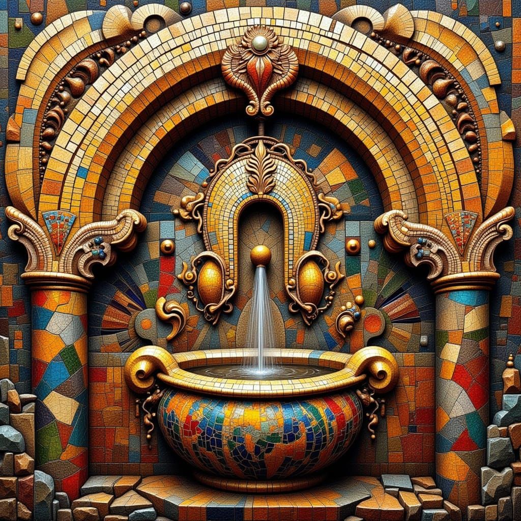 Intricate Moroccan Fountain in Hypermaximalist Mosaic Style