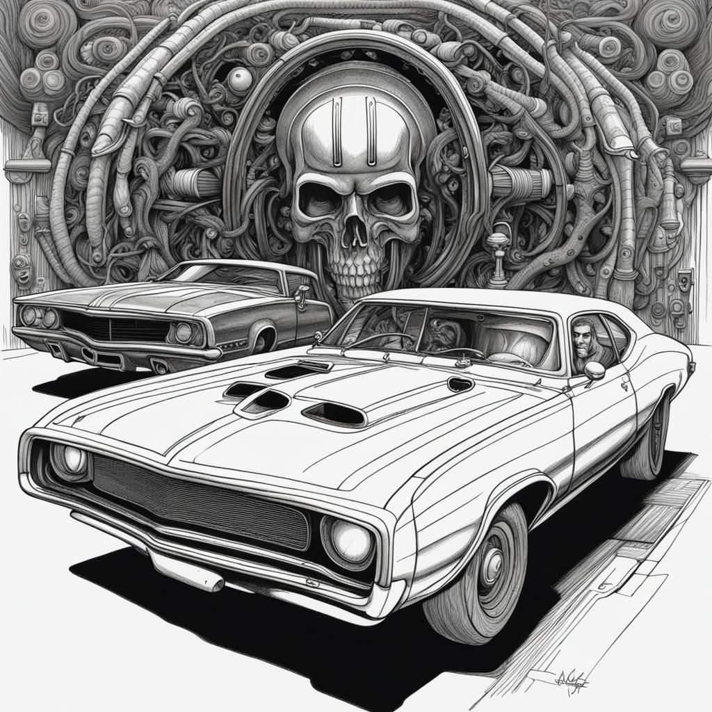 Monochrome Ink Drawing of a Muscle Car