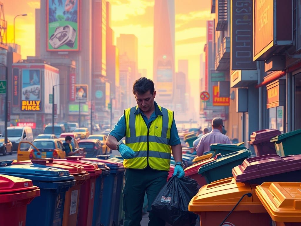 Sanitation Worker Collects Trash in Vibrant City Seascape