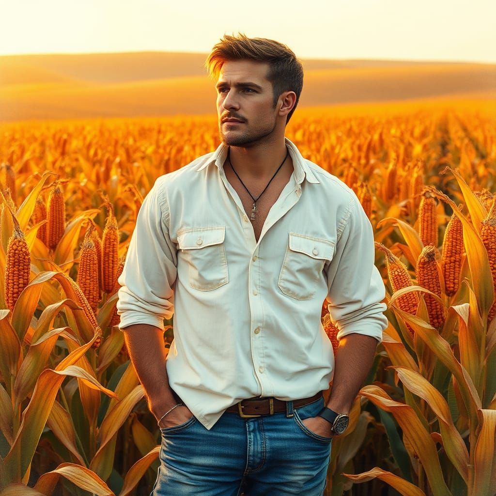 Man in Cornfield: Ink and Watercolour Illustration