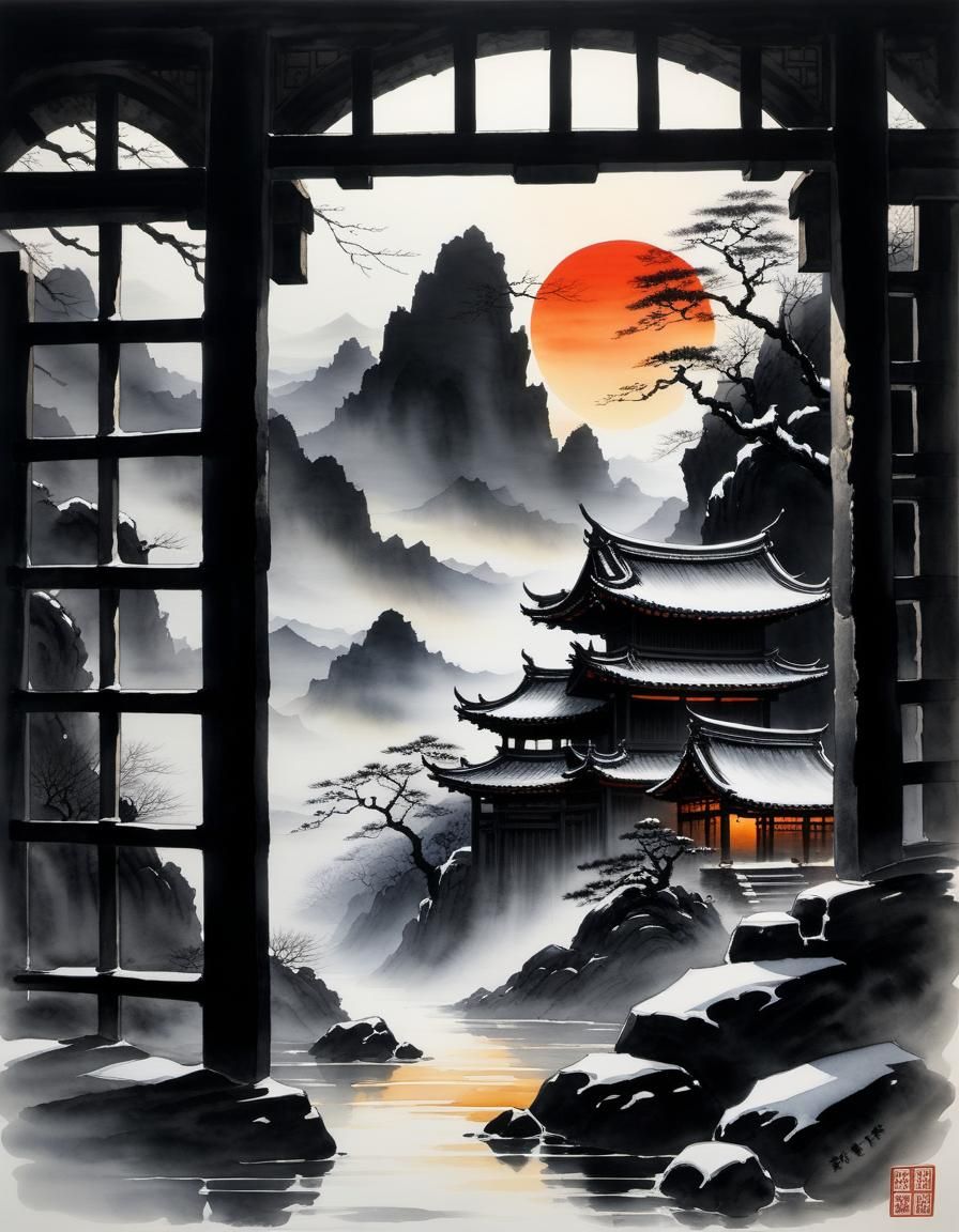 Ethereal Japanese landscape painting of sunrise in winter