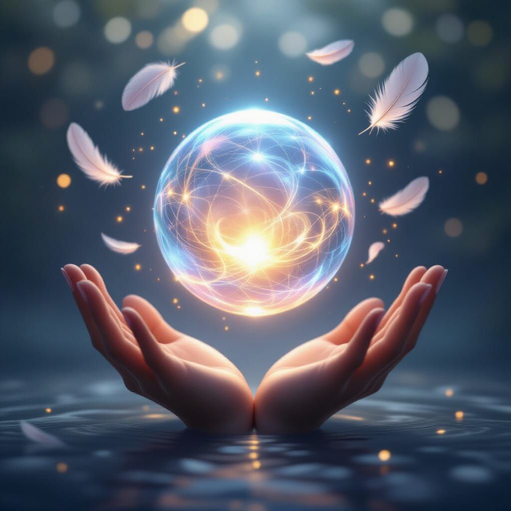 A glowing sphere hovering over open palms, surrounded by flo...