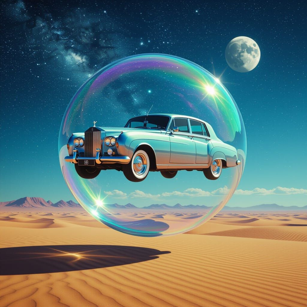 1970s Rolls-Royce on Soap Bubble Over Alien Desert