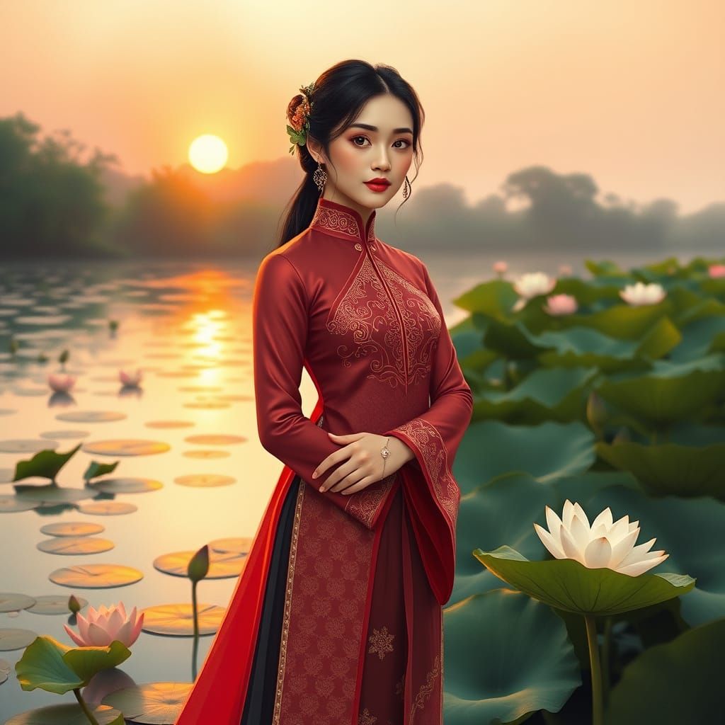 Young Woman in Traditional Vietnamese Ao Dai Amidst Serene L...