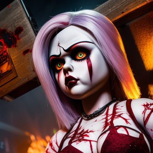 Hyperrealistic Bride of Chucky in Horrorcore Style