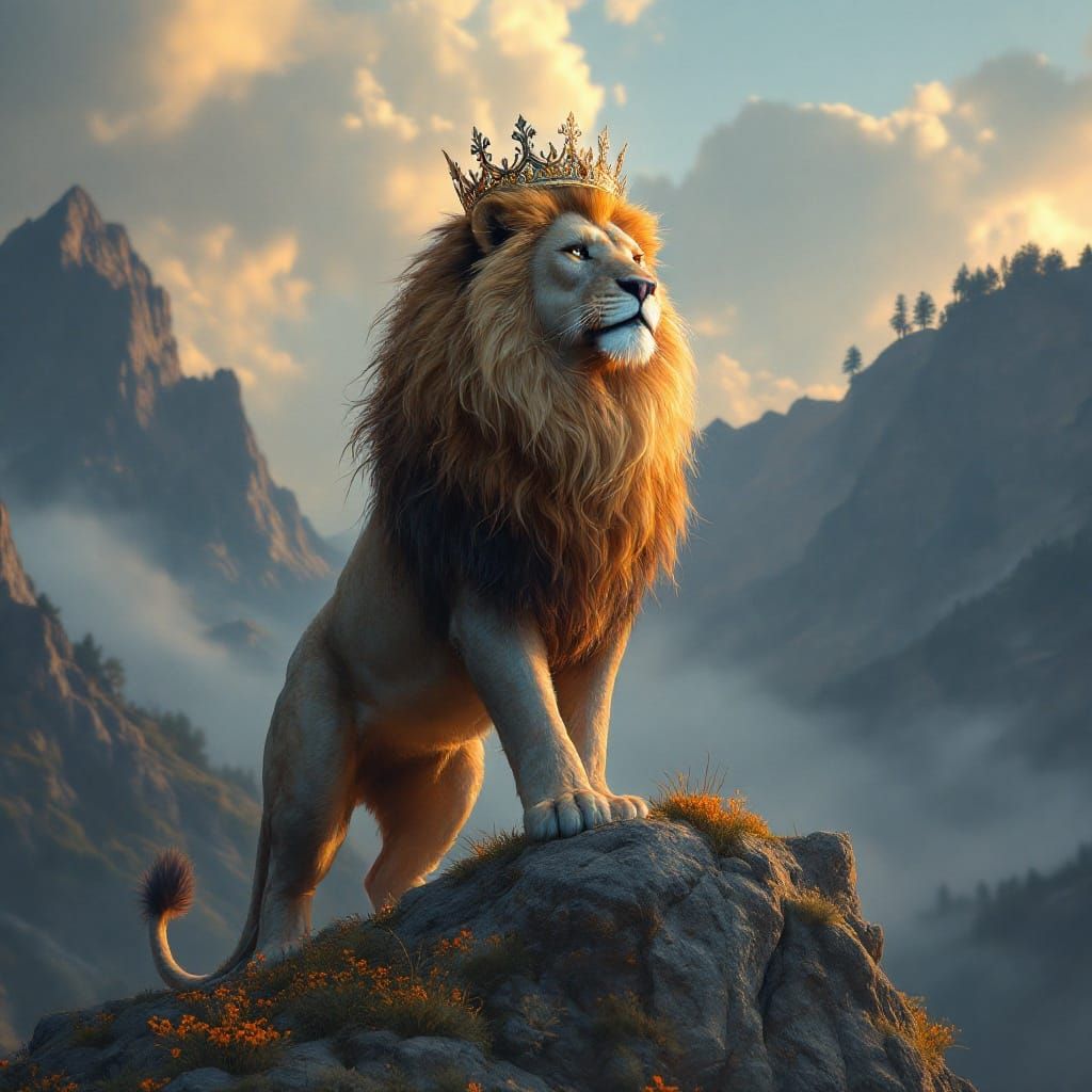 Crowned Lion Awaiting Guidance on Mountain Peak