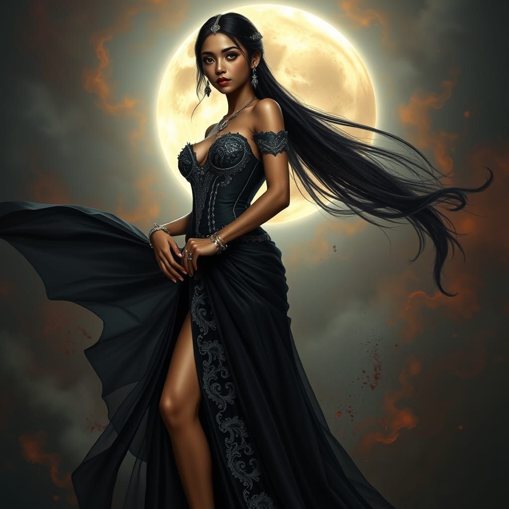 Cambodian Woman in Gothic Gown Under Full Moon