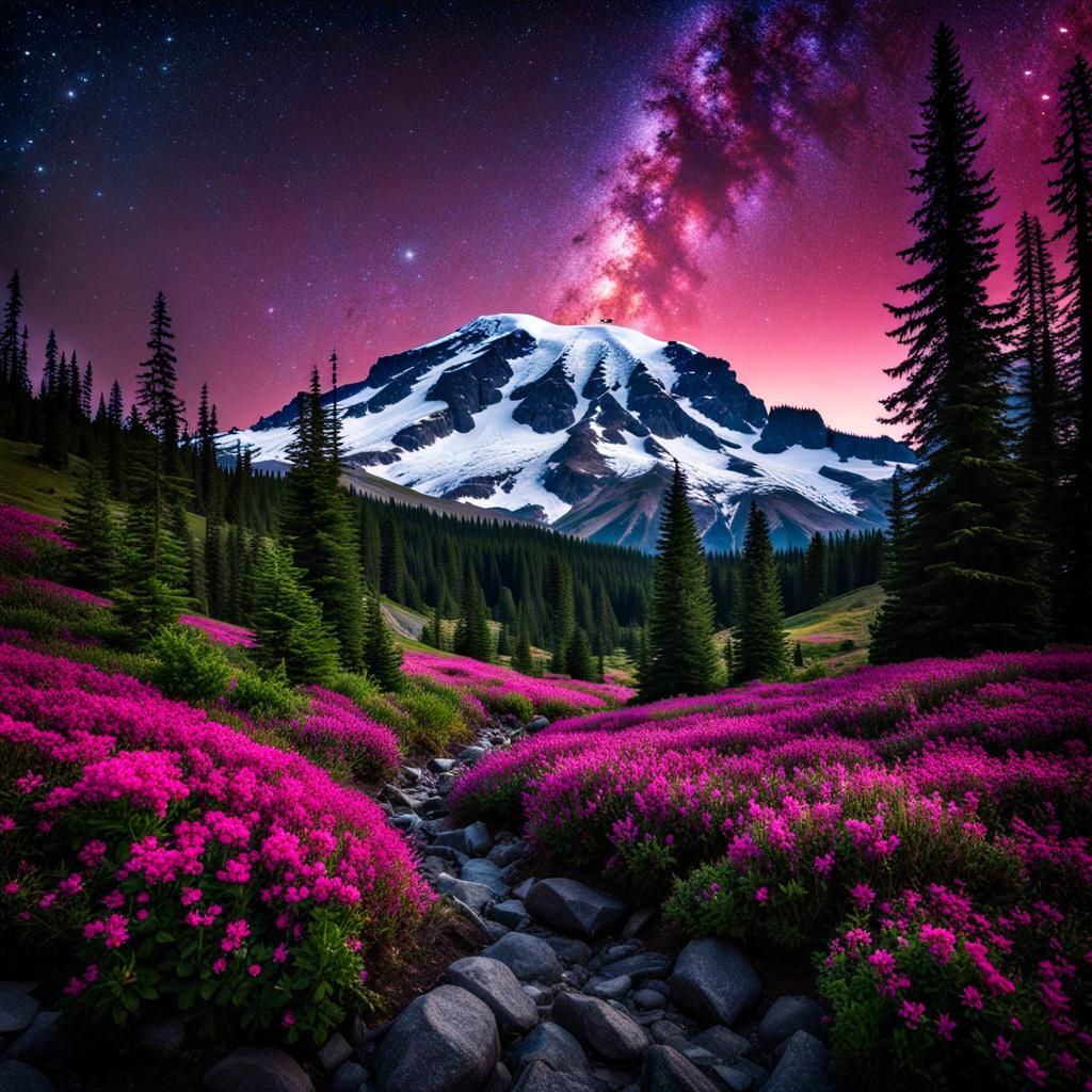 Cosmic Bioluminescent Night Scene of Mt. Rainier