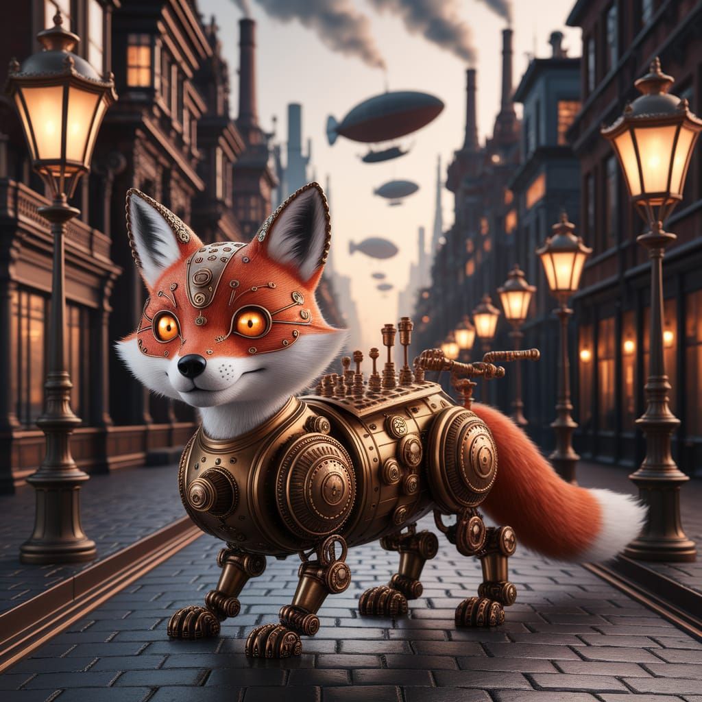 Charming Steampunk Mechanical Fox with Glowing Eyes