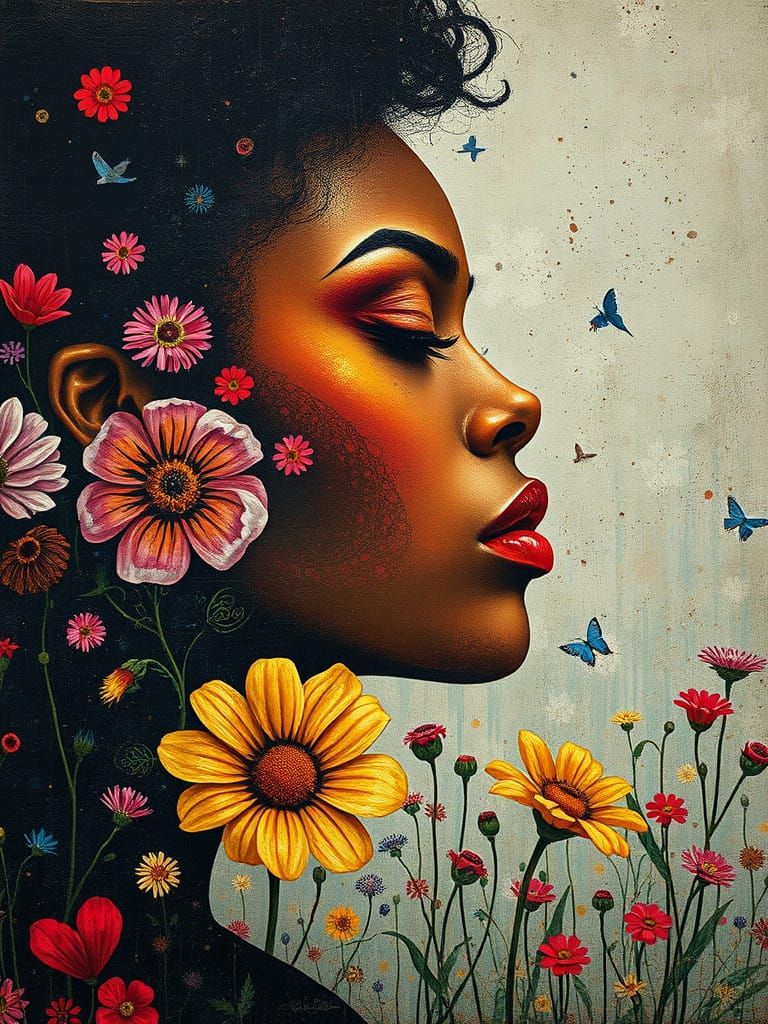 Afro Punk Beauty Portrait with Wildflowers in Vibrant Style