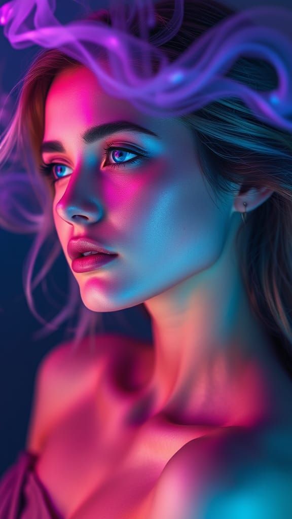 Ethereal Woman in Neon Hues, Profiled with Glowing Blue Eyes